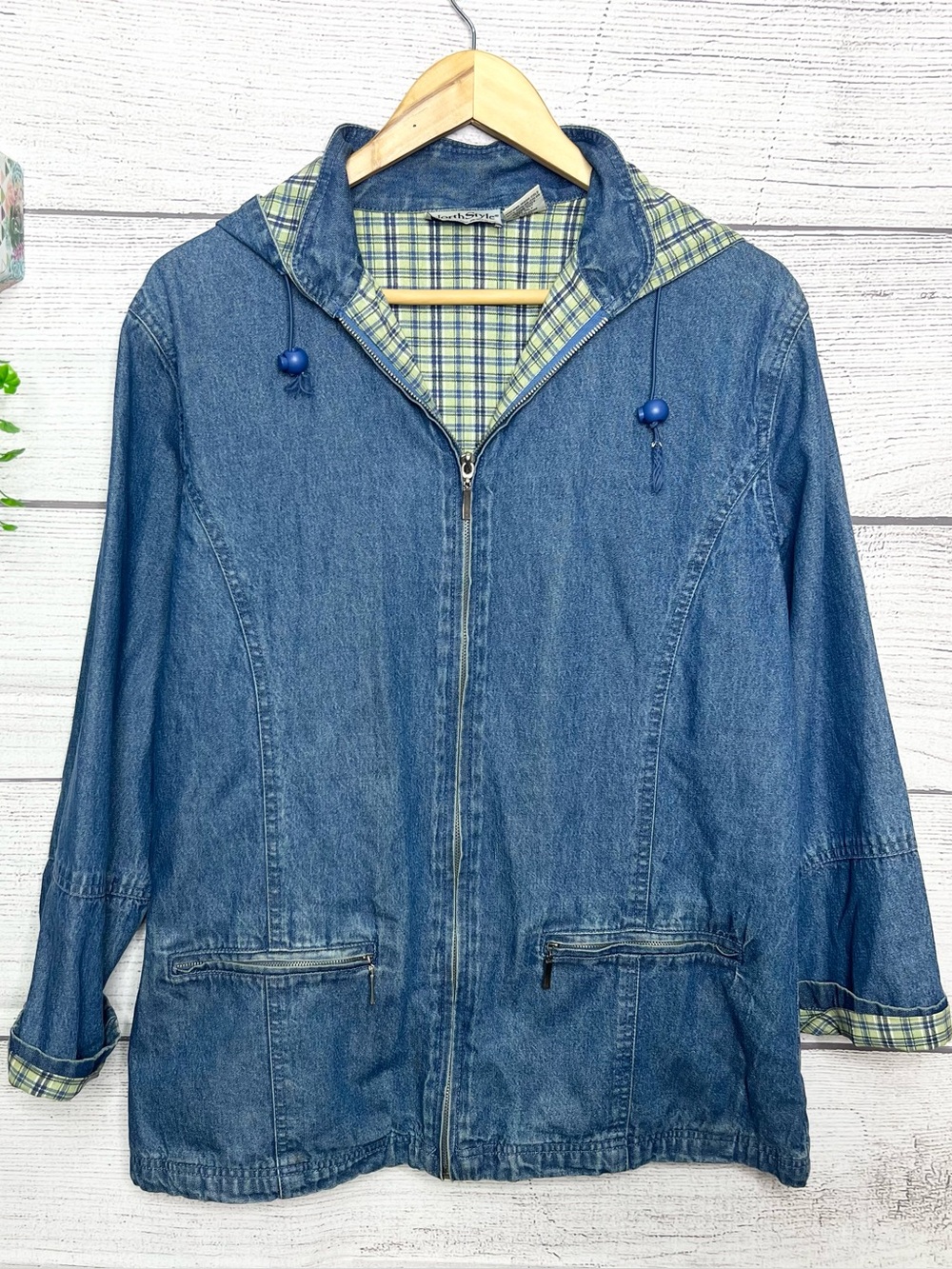 NorthStyle Plaid Lined Zip Front Denim Jacket with Detachable Hood Size Small